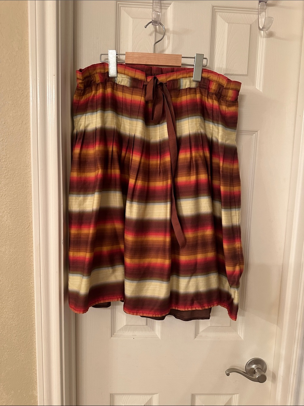 BCBGMaxAzria Brown and Cream Striped Midi Skirt with Tie Waist
